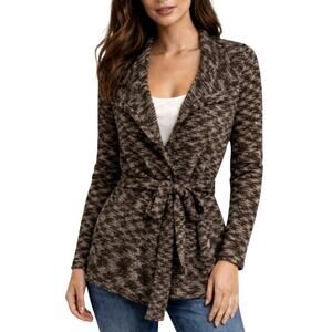 Payton Brown Cream Hygge Cardigan L Crochet Knit Tie Sash Sweater Cozy Chic NWT